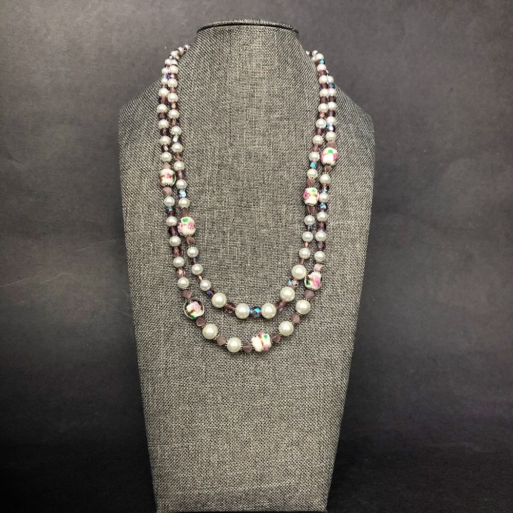 Vintage Millefiori Glass Bead Necklace/ Floral